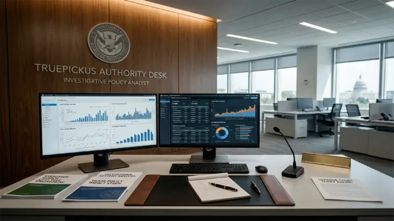 A professional architectural view of a federal trade institution representing the $166 billion tariff refund process.